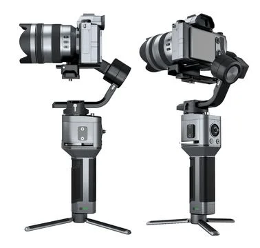 3-axis gimbal stabilization system with nonexistent mirrorless camera on whit Stock Photos