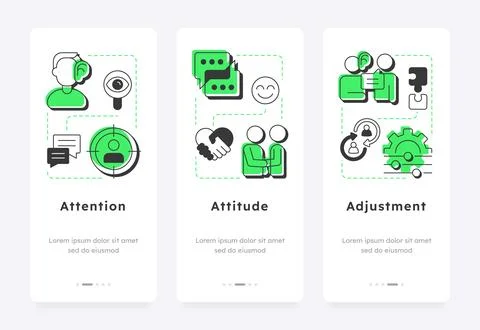 3 A of basic listening skills mobile app onboarding screens Illustrazione stock