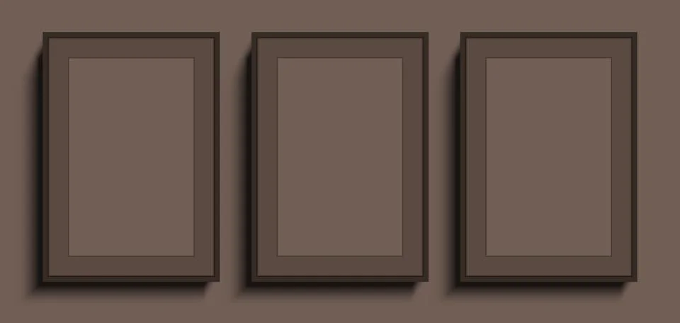 3 beige blank poster frames hanging on the wall background, vector mockup. 库存插图