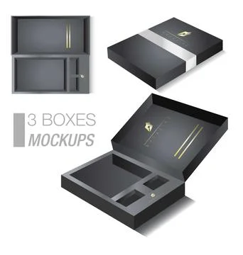 3 Boxes Mockup. Mockup Of A Box Of Black And gold Colors Stock Illustration