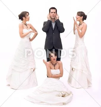 3 brides and 1 groom Stock Photos