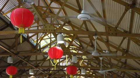 3 Ceiling Fans With Red Chinese Hanging Lanterns  Stock-Footage 1087017