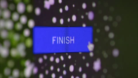 3 close up clips, clicking a blue button labelled Finish. Stock-Footage 280007134