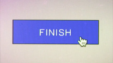 3 close up clips, clicking a blue button labelled Finish on a monitor Stock Footage 280783095