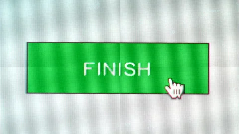 3 close up clips, clicking a green button labelled Finish on a monitor Stock-Footage 288969670