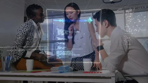 3 colleagues gathering around low table, pointing at tablet, initiating tech Stock Footage 329576238