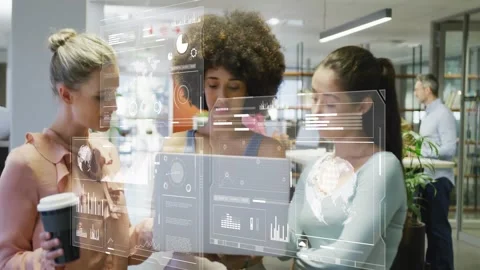 3 colleagues operating laptop in library area, activating HUD charts while Stock Footage 331634196