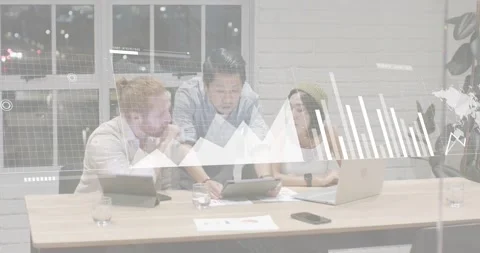 3 colleagues tapping tablet and pointing at laptop in business meeting, Stock Footage 318142327