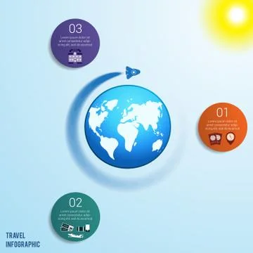 3 colored circles numbered with space for text around the world map Stock Illustration