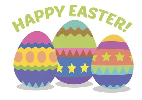 3 colourful Easter eggs on a white background with the text Happy Easter!. Stock Illustration