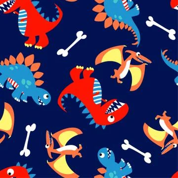 3 Cute dinosaurs in a seamless pattern Stock Illustration