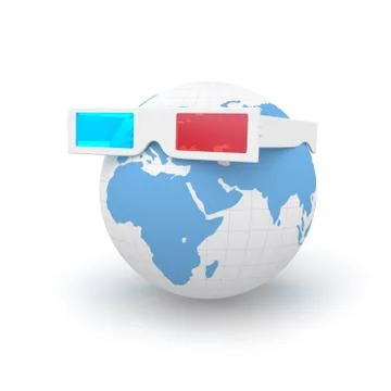 3-d glasses on globe render on white background Stock Illustration