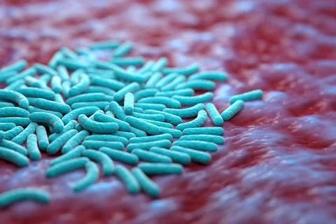 3 d illustration of bacteria in microflora. Blue bacterium on a red surface. Stock Illustration