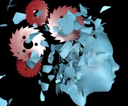 3 d illustration of broken human head and moving gear wheels cogwheels Stock Illustration