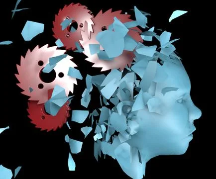 3 d illustration of broken human head and moving gear wheels cogwheels Stock Illustration