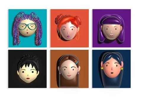 3 d illustration, a set of avatars of women and young girls with different lo Stock Illustration
