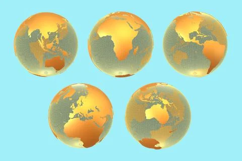 3-D rendered illustration of stylized gold planet earth showing maps of major Stock Illustration