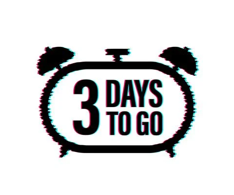 3 Days to go. Countdown timer. Clock icon. Time glitch icon. Count time sale Illustrazione stock