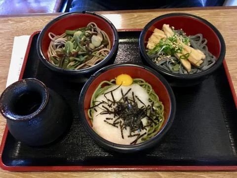 3 different types of soba noodles for lunch Stock Photos