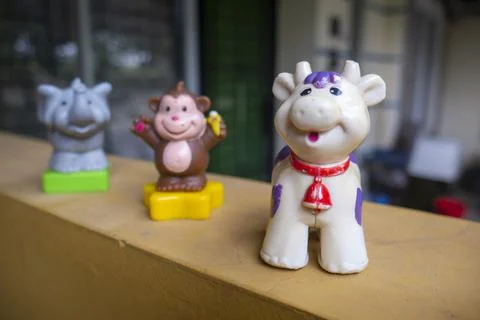 3-dimensional monkey, cow, elephant figures toy Stock Photos
