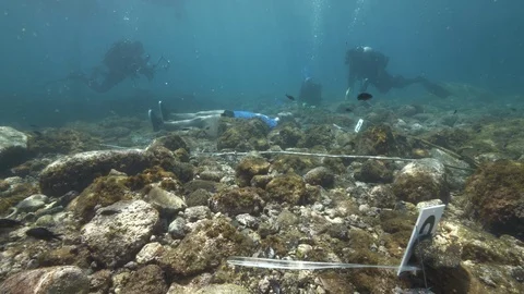3 divers filming a dummy on the seabed, Ustica,Sicily,Mediterranean sea Stock Footage 123872582