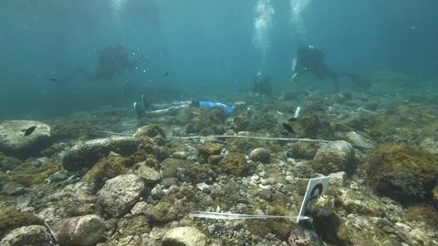3 divers filming a dummy on the seabed, Ustica,Sicily,Mediterranean sea Stock Footage 123874954