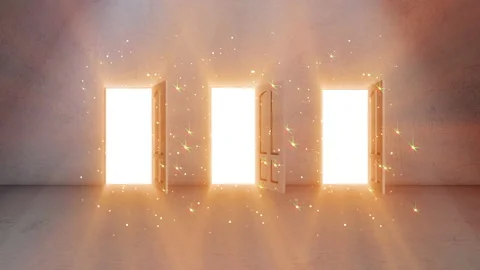 3 Door opening with bright light Shine effect Stock Footage 230774715