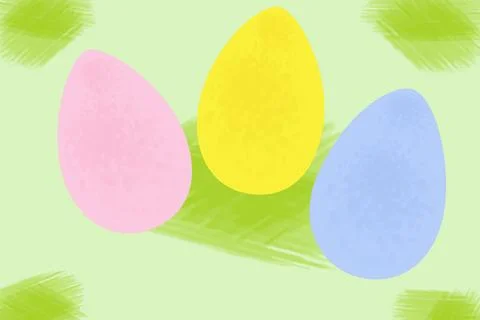 3 Easter Eggs in bright trendy shades on abstract hand drawn background in Stock-Illustration