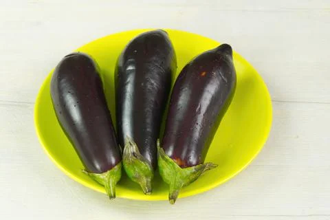 3 eggplants on the light table. Fresh raw Purple Eggplant in green plant. Stock Photos