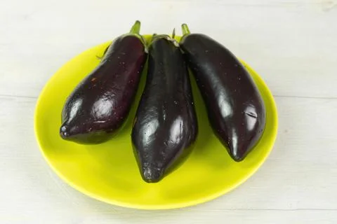 3 eggplants on the light table. Fresh raw Purple Eggplant in green plant. Stock Photos