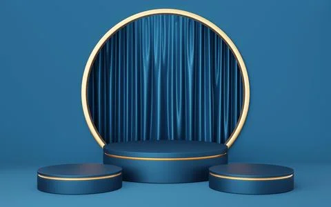 3 Empty blue and black cylinder podium with copper border on gold circle ar.. Stock Illustration