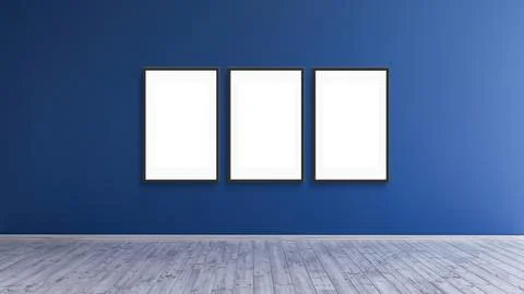 3 empty vertical black frame mockup design on a blue wall room for prints. 库存插图