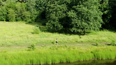 3 flying a drone over a field, road in a field, forest, woman running along Stock-Footage 267404171
