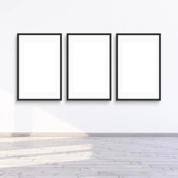 3 frame mock up hanging on a white wall with sunlight, 3d render illustration Stock Illustration
