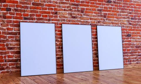 3 frame mock up on red brick wall with wooden floor, 3d render イラスト素材