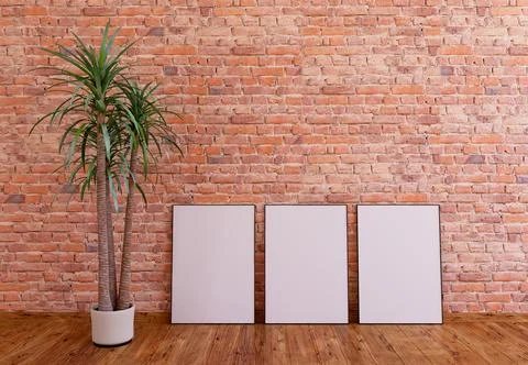 3 frame mockup on red brick wall with wooden floor and indoor palm plant, 3.. 库存插图