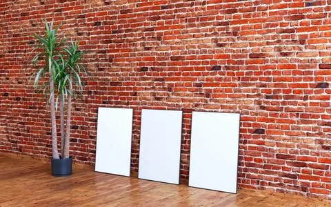 3 frame mockup on red brick wall with wooden floor and indoor palm plant, 3d Stock Illustration