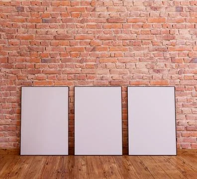 3 frame mockup on red brick wall with wooden floor, 3d render 库存插图
