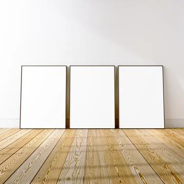 3 frame mockup scene on white wall and hardwood floor, 3d rendering. Stock Illustration