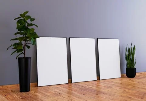 3 frames mockup scene with indoor plants and hardwood floor, interior 3d re.. Illustrazione stock