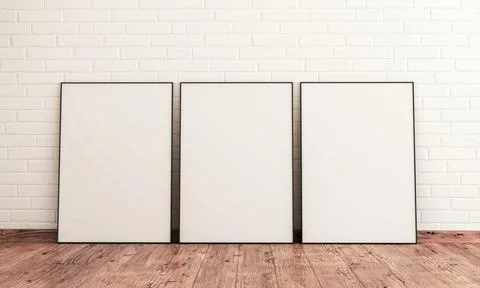 3 frames mockup scene with white brickwall and hardwood floor, 3d render. 스톡 일러스트