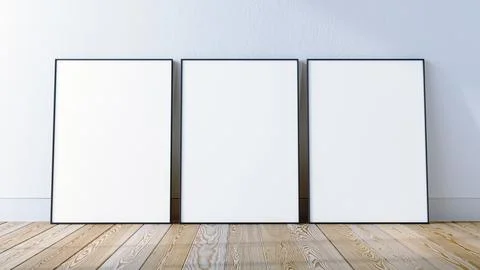 3 frames mockup scene on white wall and hardwood floor, 3d render. Stockillustratie