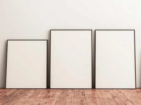 3 frames mockup scene on white wall and hardwood floor, 3d render illustratio Stock Illustration