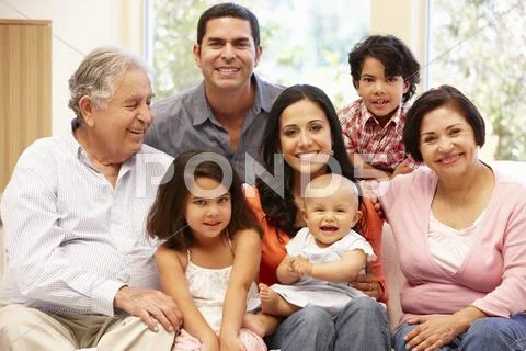 3 generation Hispanic family at home Stock Photos