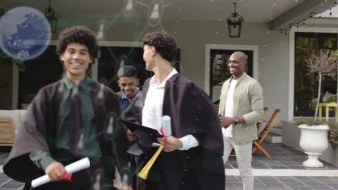 3 grads walking down steps to pool holding diplomas waving caps mentor trailing Stock Footage 333648439