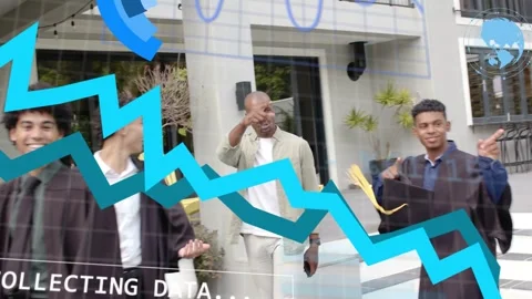 3 graduates and guide walking steps while adult pointing, data overlay Stock Footage 333873246