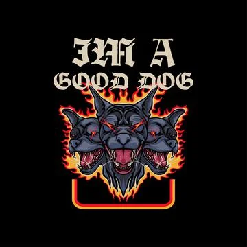 3 head dog head on a fire with black background for street wear Stock Illustration
