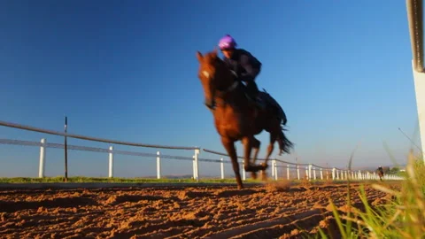 3 Jockeys ride through a locked off shot at a race track 스톡 동영상 136213537