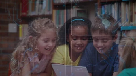 3 kids crowding in library, left girl tapping tablet screen, initiating tech Stock Footage 330237312