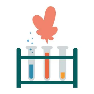 3 lab test tubes in a stand with different colors of liquids and reactions, e Stock Illustration